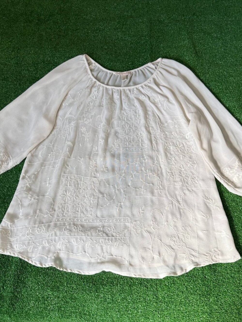 Krazy Kat Cream Sheer Boho Peasant Floral Embroidered Mesh Blouse Top Size L